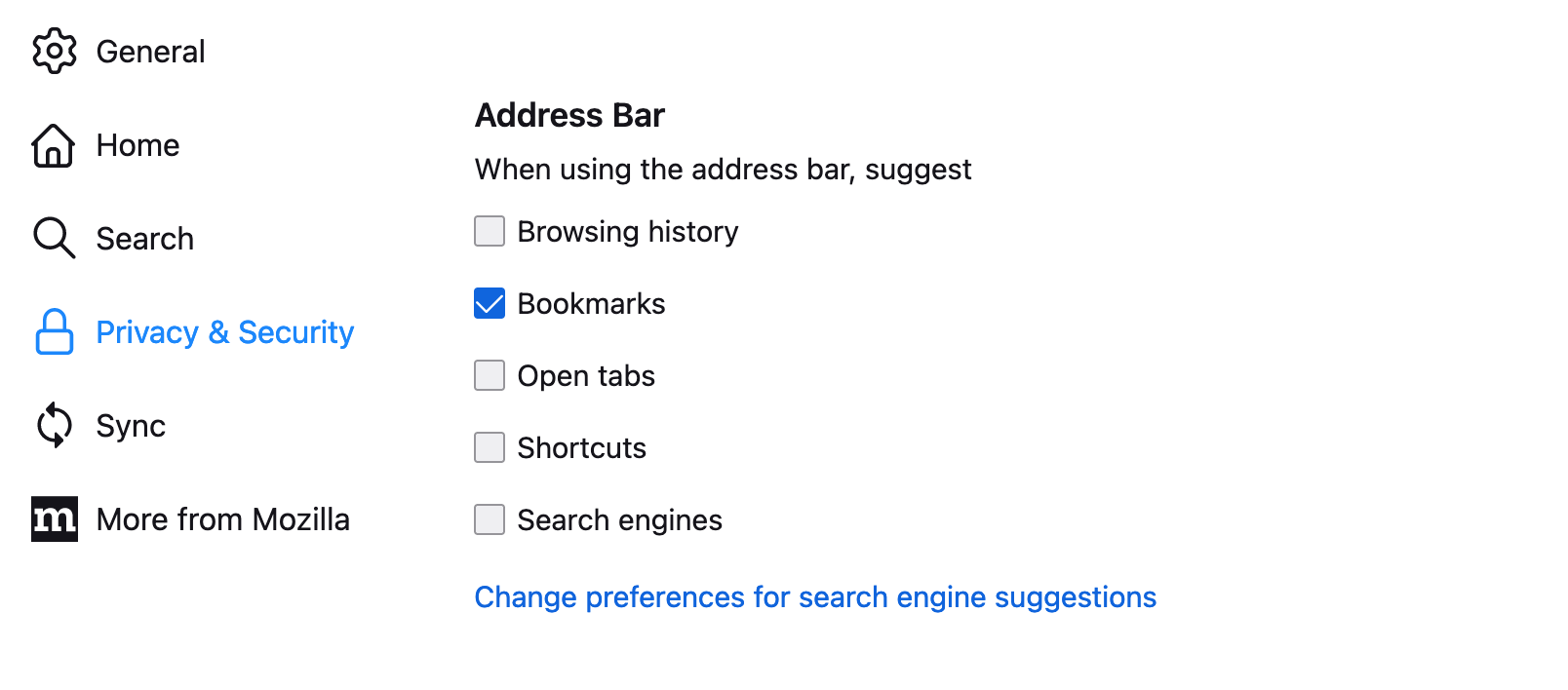 Firefox address bar search settings