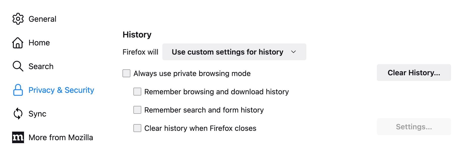 Firefox history setting