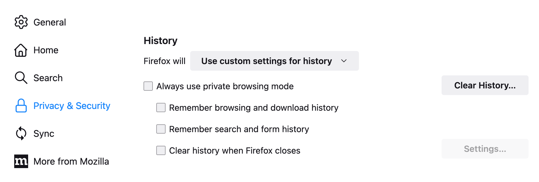 Firefox history settings