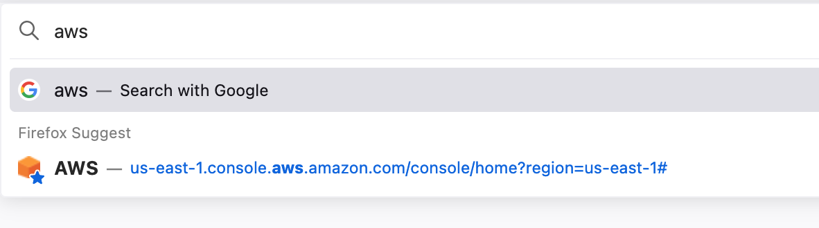 Searching with &ldquo;AWS&rdquo; does not select the bookmark